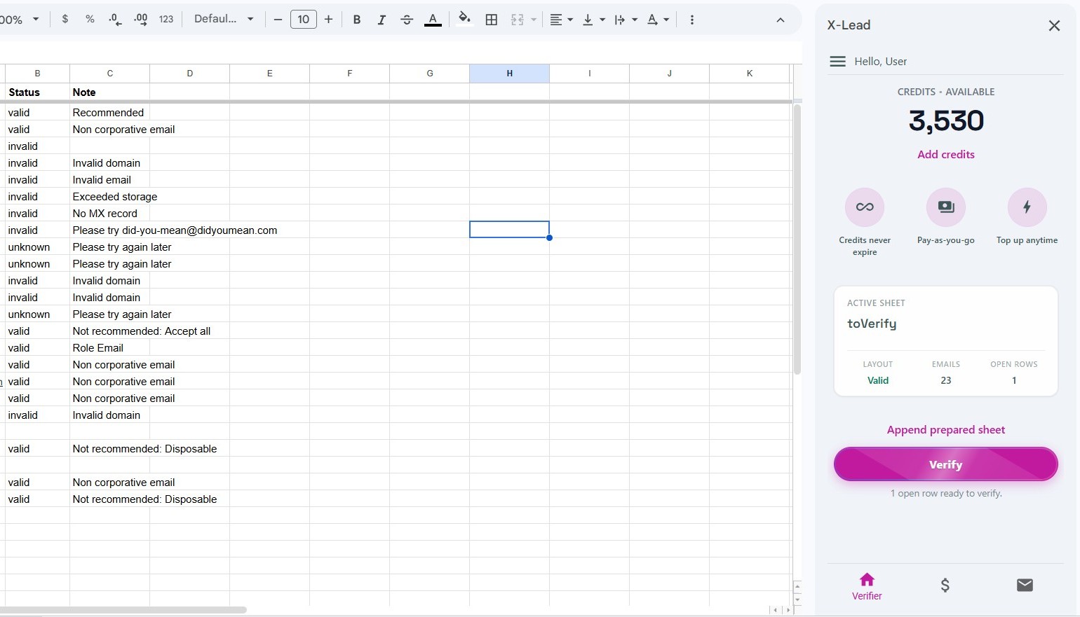 Addon in the spreadsheet